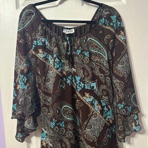 Marla Kim brown and blue asymmetrical paisley dress